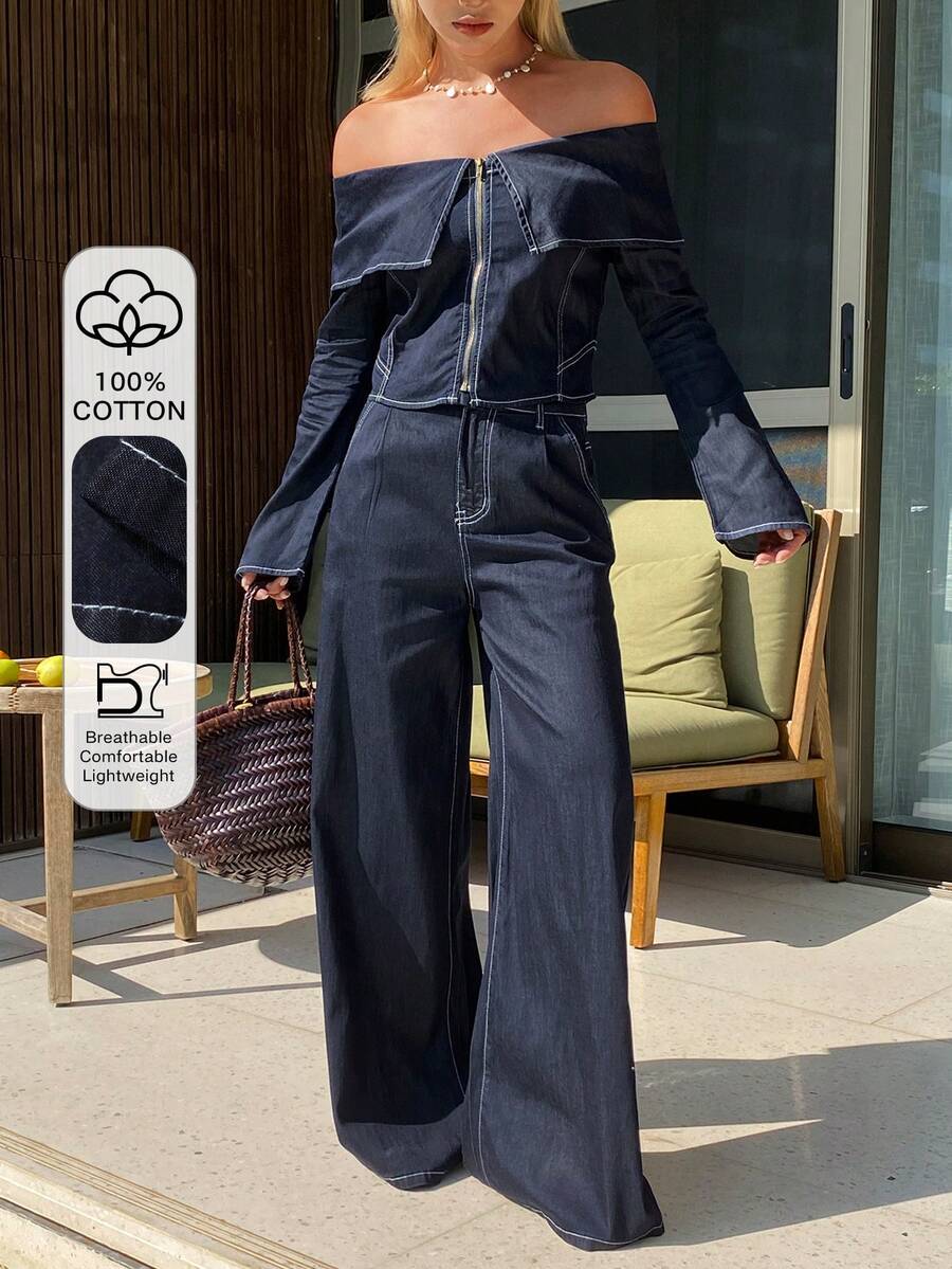 DAZY 女士纯色露肩荷叶边长袖短款上衣和阔腿裤优雅度假套装，春夏款 - 藍色 - 查看 1