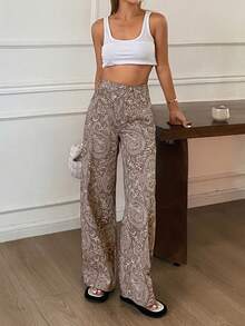 DAZY Quần jeans ống đứng cạp thấp in họa tiết hạt điều dành cho nữ - màu nâu - Xem 2