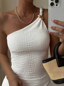 DAZY 女士夏季纹理面料露肩休闲吊带背心，性感街头风 - 白色 - 查看 1