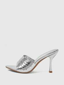 Sleekvia 女士鞋履春夏新款银色圆头镂空细高跟凉鞋拖鞋时尚舒适百搭通勤性感派对女士凉鞋女鞋拖鞋 - 銀色 - 查看 7