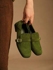 Rosivie Sepatu Kasual Wanita Model Inggris dengan Ujung Persegi dan Sol Datar - Dark Green - View 3