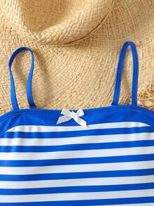 SHEIN 2pcs/Set Teen Girls Striped Swimsuit, Vacation Beach Swimming Sports Casual Matching Sister Photo Outfit - Blue - View 3