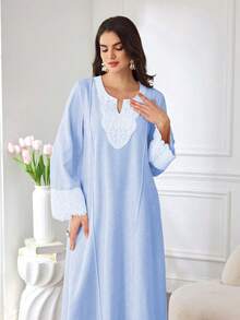 Al Najma Đầm maxi dài tay dáng rộng, thanh lịch, cổ ren thêu, kiểu dáng truyền thống Ả Rập dành cho nữ, thích hợp mặc hàng ngày. - Màu xanh lam - Xem 4