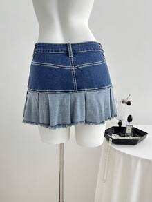 Elamini 时尚低腰百搭褶裥牛仔迷你裙 - 中等水洗藍 - 查看 2