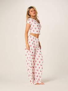 Missguided x Playboy Women's Printed Crop Top And Wide Leg Pajama Set With Bunny Strawberry Cherry Pattern Short Sleeve Summer Sleepwear Loungewear Two Piece Co-Ord Set - White - View 3