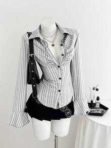 Elamini 女士条纹长袖单排扣休闲褶皱衬衫，适合正式场合、办公室工作、商务休闲等各种场合。 - 白色 - 查看 7