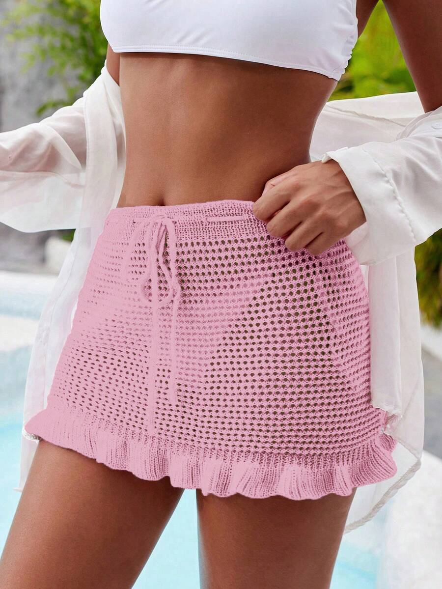 Swim Vcay Women's Solid Color Hollow-Out Knitted Cover Up & Skirt Set, Suitable For Beach Vacation - Baby Pink - View 1