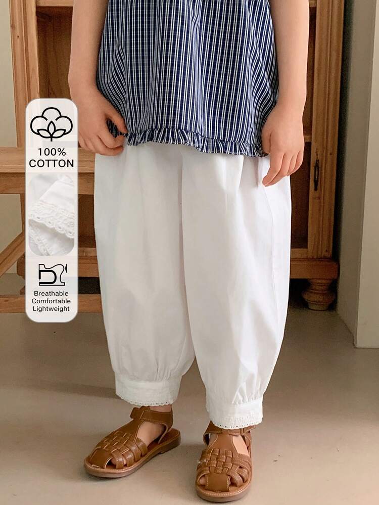 Young Girls' Casual Solid Color Elastic Waist Pants, Fall