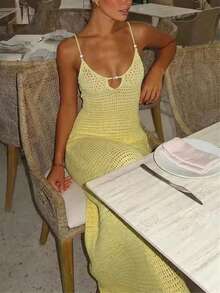 Aloruh 女士优雅性感薄纱沙滩度假钩针罩衫，浅黄色长款针织连衣裙 - 淡黃色 - 查看 3