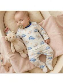 Loomiva 新生儿男女宝宝卡通熊、月亮和云朵图案针织柔软圆领长袖上衣和松紧腰裤两件套 - 彩色 - 查看 2