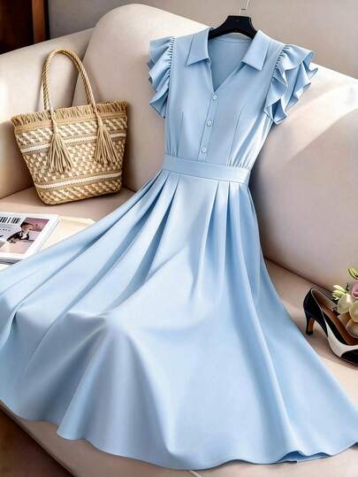 GlowEve Women's Solid Color Collared Waist A-Line Dress, Elegant And Charming For Vacation, Commute, Music Festival, Date, French Seaside Beach, Street Style, Versatile, Spring/Summer, New Arrival, Shallow Blue, Flare Sleeve, Midi Length