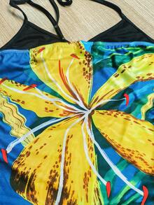 INAWLY Y2K 夏季度假沙滩仿吊带印花上衣，露背设计，性感度假风，适合派对、约会、海滩、嘉年华等各种场合，是夏季的完美之选。沙滩上衣，二合一沙滩装，女士沙滩上衣，蓝色印花沙滩装，百搭沙滩上衣 - 彩色 - 查看 4