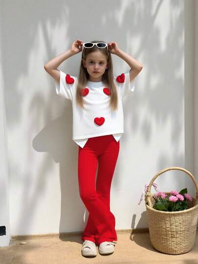 Elladie kids Girls' Outfit: White Round Neck Short Sleeve T-Shirt With Heart Decor, Paired With Red Skinny Flare Pants, Versatile For Daily Wear, Spring/Summer/Autumn/Winter Red 2 Piece Sets Girls Girls Pant Set Flare Pants Set Kids