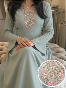 Yasmyna 新款刺绣收腰优雅浪漫度假派对连衣裙 - 橄欖綠 - 查看 2