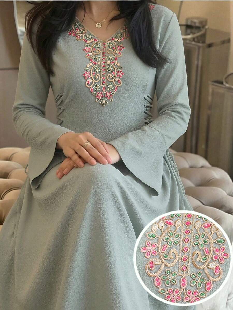 Yasmyna New Embroidered Cinched Waist Elegant Romantic Vacation Party Dress - Olive Green - View 1