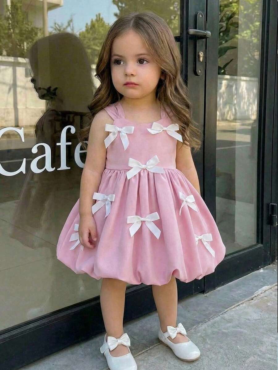 SHEIN Baby Girl Solid Color Woven Spaghetti Strap Dress, Baby Girl - Pink - View 1