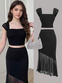 Girlism Teen Girl Ruched Waist Camisole & Skirt Elegant 2 Pieces Set - Black - View 1