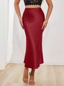 SHEIN PETITE Jupe en satin élégante et polyvalente pour femmes, jupe rouge, jupe élégante, jupe mi-longue Y2K, jupe mi-longue, vêtements de travail pour femmes de bureau, longue jupe élégante pour femmes, jupes élégantes pour femmes - Rouge - Voir 6