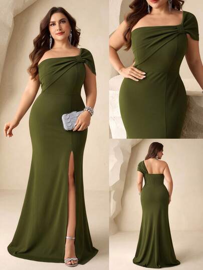 Coutiva Vestido de dama de honor elegante para mujer de talla grande con hombro oblicuo, abertura lateral y bajo con dobladillo sólido de color