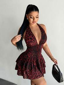 SHEIN SXY 夏季大码性感豹纹露背迷你连衣裙 - 酒紅色 - 查看 4