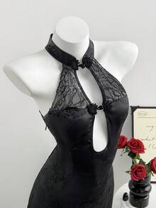 Elamini Vestido Qipao de verano para mujer, con encaje elegante y contraste, con botones y calado - Negro - Ver 1