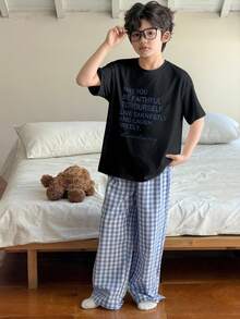 Dazy Kids Tween Boy Slogan Print Short Sleeve T-Shirt And Plaid Pants Pajama Set - Black - View 4