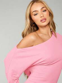 MISSGUIDED Off Shoulder Asymmetric Long Sleeve Mini Dress With Ruched Side Detail Bodycon Fit Evening Party Clubwear - Pink - View 4