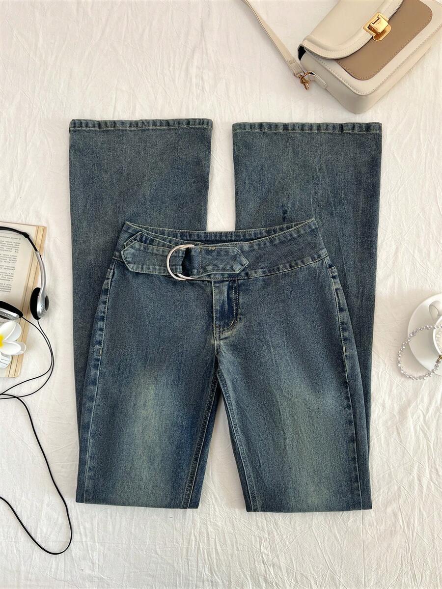 Elamini 低腰时尚水洗喇叭牛仔裤 - 深色水洗藍 - 查看 1