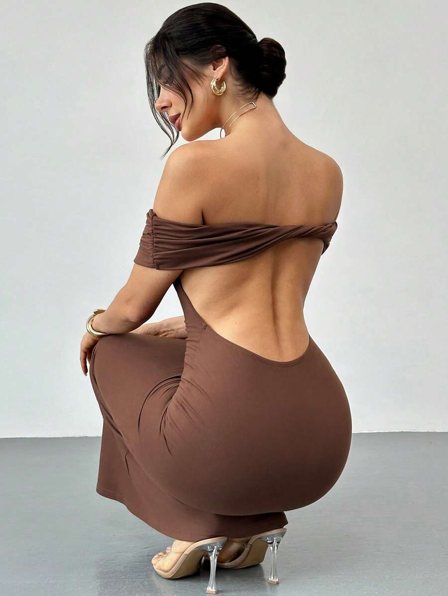 Firerie Elegant Women's Sexy Off Shoulder Backless Tight Dress, Suitable For Spring/Summer Occasions Such As Weddings, Parties, Birthdays, Music Festivals, Vacations - Brown - View 1