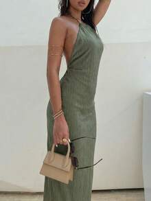 Firerie Vestido elegante y romántico para citas y vacaciones, vestido recto con cuello halter, espalda descubierta, cintura fruncida y bajo recto, vestido de playa y pareo - Verde Oliva - Ver 3