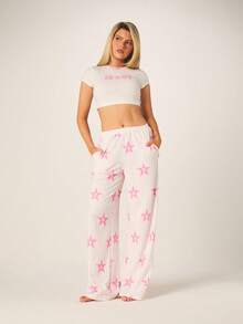 Missguided x Playboy Pink Star Print Ribbed Cami Crop Top And Wide Leg Pajama Pants Set For Sleepwear Loungewear - Multicolor - View 1
