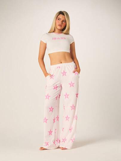 Missguided x Playboy Pink Star Print Ribbed Cami Crop Top And Wide Leg Pajama Pants Set For Sleepwear Loungewear