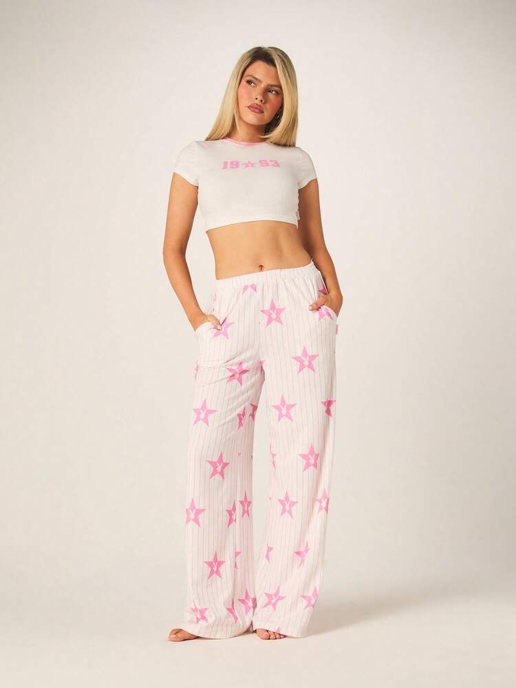 Missguided x Playboy Pink Star Print Ribbed Cami Crop Top And Wide Leg Pajama Pants Set For Sleepwear Loungewear