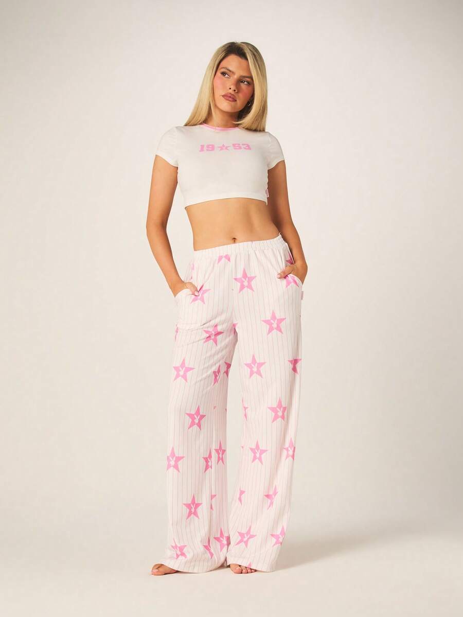 Missguided x Playboy Pink Star Print Ribbed Cami Crop Top And Wide Leg Pajama Pants Set For Sleepwear Loungewear - Multicolor - View 1