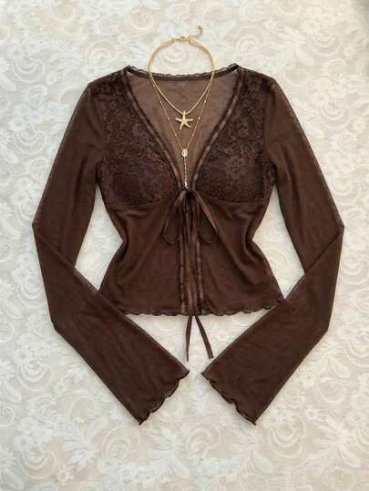EgrlEra Women's Sexy Vintage Mesh & Contrast Lace Front Tie Flare Sleeve Blouse Dark Brown Top Brown Long Sleeve Top Brown Lace Top Chocolate Brown Top Coffee Brown Top