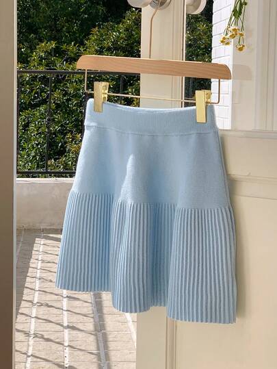Comfortcana Women's Solid Color Elastic Waist Casual Short Knit Skirt, Light Blue, Spring/Summer