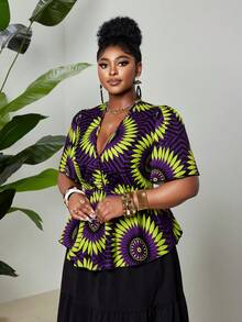 Maweii Purple Autumn Boho Plus Size Plus Size Women Summer Vacation Beach Seaside Wear, Asymmetric Floral Contrast V-Neck, Puffed Sleeves, Elastic Waist Shirt - Multicolor - View 3