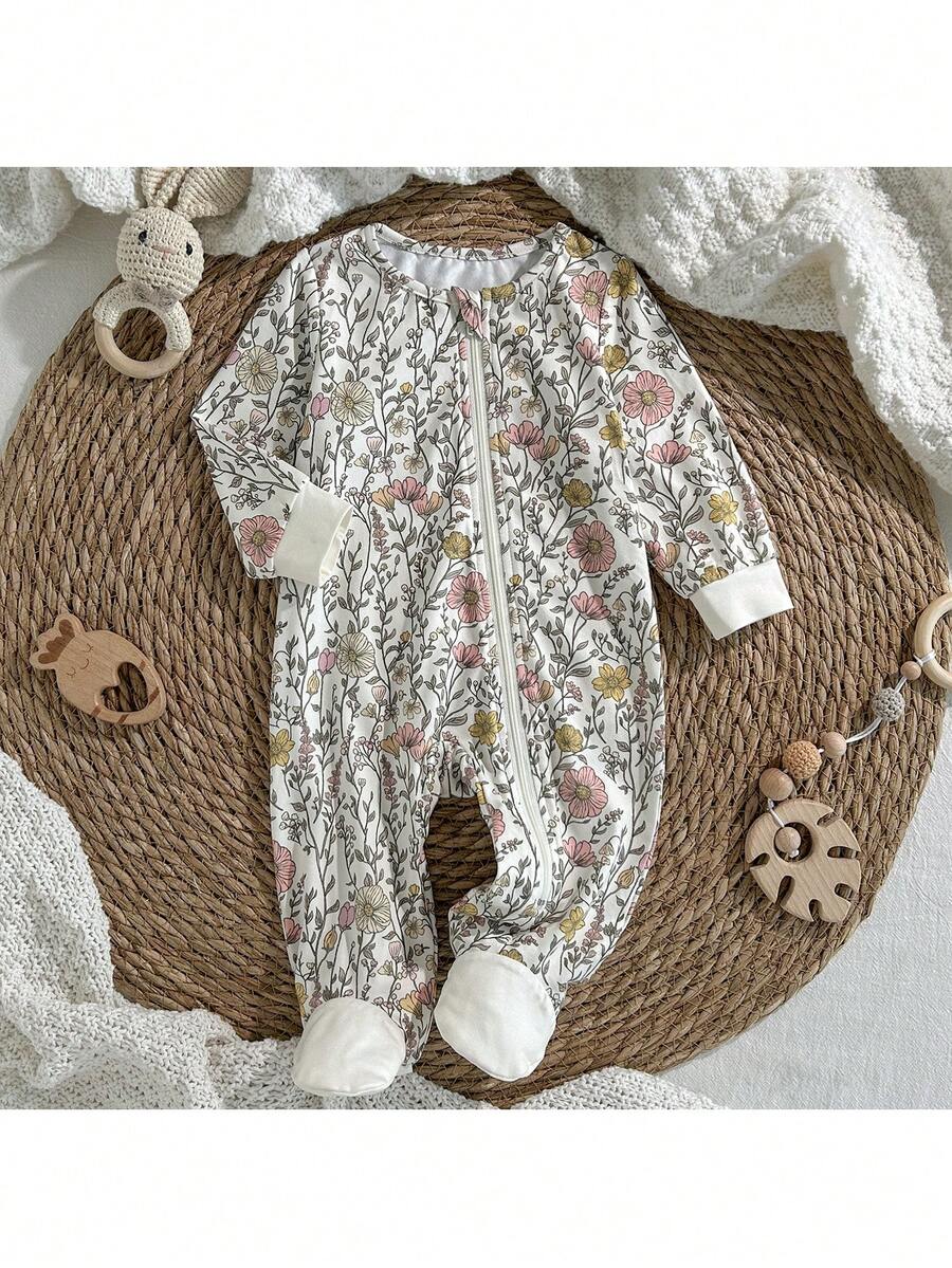 Loomiva Newborn Baby Girl Floral Print Soft Knit Crew Neck Long Sleeve Romper With Pants - Multicolor - View 1