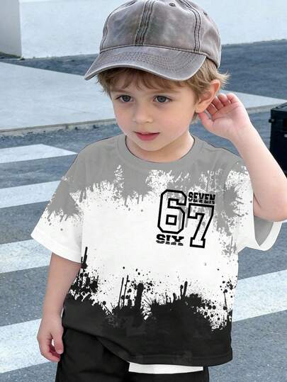 SHEIN Young Boys' Casual Loose Fit Round Neck Short Sleeve T-Shirt, Suitable For Summer, Classic Cool Splash Graphic Print, Street Slang Text "67, Six Seven" Printed