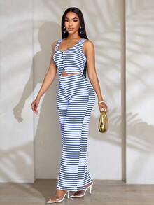 SOLERSUN 女士条纹无袖V领前开襟背心和裤子套装 - 寶藍色 - 查看 1