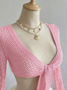 Elamini 女士棕色镂空性感透明系带开衫，夏季时尚沙滩装上衣 - 粉色 - 查看 4