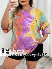 SHEIN CURVE+ 夏季女士扎染印花圆领短袖T恤，大码可选 - 橘色 - 查看 1