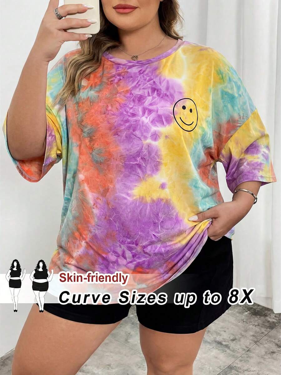SHEIN CURVE+ 夏季女士扎染印花圆领短袖T恤，大码可选 - 橘色 - 查看 1