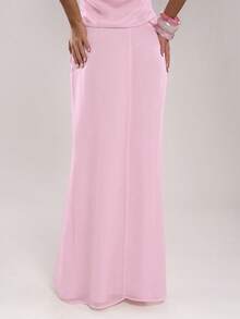 SHEIN BAE Women's Elegant Pink Chiffon A-Line Relaxed Skirt,Solid Color Casual Autumn Party Skirt For Beach Vacation,Cocktail Party,Brunch,Wedding & Concert - Pink - View 2