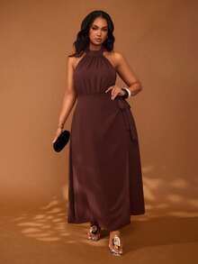 Veslaya Damen-Midi-Wickelkleid in Große Größen, schokoladenbraun, elegant für den Sommer, mit Stehkragen, ärmellos und Bindegürtel, Hochzeitsgast-Party-Bankett-Urlaubskleid - Braun - Übersicht 9