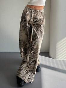 DAZY Vaqueros de pierna ancha con estampado de leopardo y flores, estilo callejero casual para mujer, primavera/verano - Marrón - Ver 6