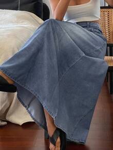 DAZY Chân váy denim dáng chữ A rộng rãi, họa tiết chắp vá, phong cách cao bồi miền Tây, kiểu dáng thường ngày, thích hợp cho kỳ nghỉ hè của nữ, phù hợp với xu hướng Y2K. - Màu xanh lam - Xem 7