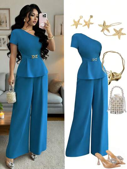 Rafferiza Elegant Asymmetric-Shoulder Peacock Blue Dress, 2-Piece Set With Metal Buckle Design, Casual Women's 2-Piece Outfit Jumpsuits For Woman Elegant For Wedding Elegant Jumpsuit Elegant Jumpsuit For Women Formal Party 2 Piece Sets Woman Elegant Blue Outfits For Women 2 Piece