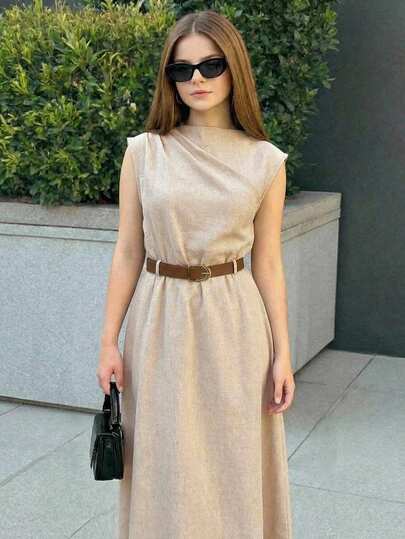 SHEIN Girlism Elegant Linen Brown Khaki Solid Sleeveless Dress (With Belt) - Teen Style Back-To-School Season Khaki Belted Dress Light Brown Dress For Women Linen Brown Dress Casual Fashion Commuter Style Stand Collar With Ruffled Waistline Khaki A-Line Skirt Minimalist Linen Brown Dress  New Ss26 Fashion