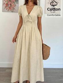 Siren Gaze 女士优雅休闲米色100%纯棉舒适V领泡泡短袖系带褶裥腰部长款连衣裙，夏季海滩度假休闲装，派对婚礼宾客毕业典礼复活节办公室工作连衣裙，女士度假连衣裙波西米亚风连衣裙女士长裙夏季休闲长裙法式连衣裙长裙休闲长裙度假女装连衣裙女士夏季连衣裙女装连衣裙米色连衣裙女士优雅温莎连衣裙休闲夏季连衣裙泡泡袖连衣裙 - 杏色 - 查看 2